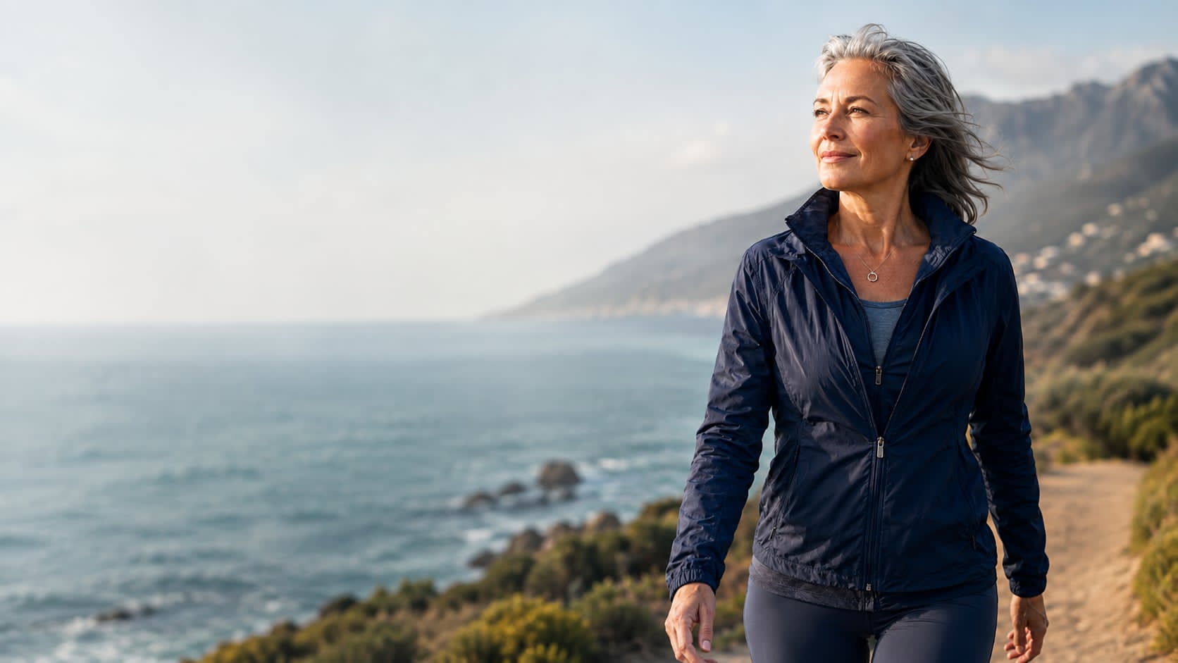 A woman walking a coastal trail beside the sea in morning light