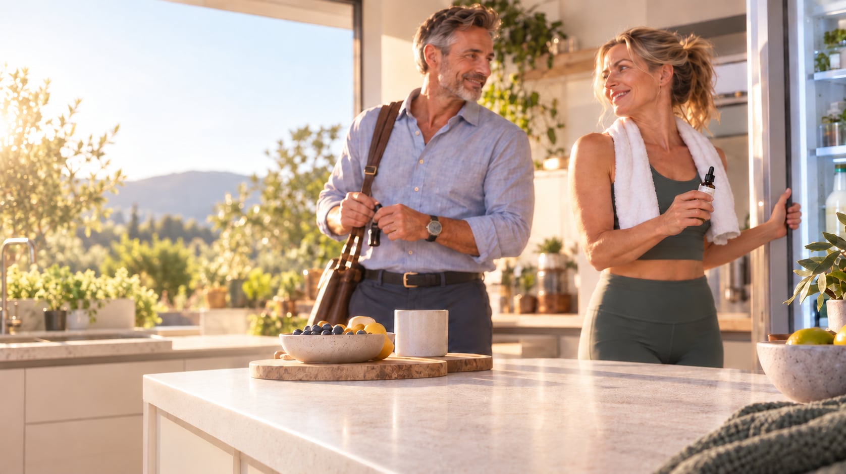 A husband and wife getting ready for the day together in a bright kitchen, she has the Cellivoo bottle in her hand